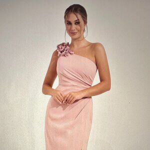 JADE COUTURE  K278002 NAVY Chic Royal Crepe Fit and Flare Gown with One Shoulder
